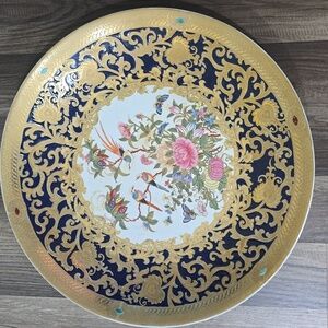 Elegant Gold and Blue Ceramic Plate